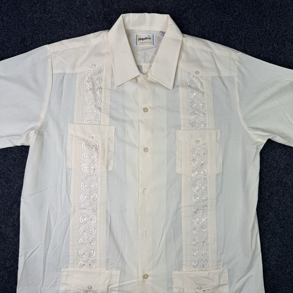 Guayabera Mens L Light Yellow Embroidered Cuban Wedding Shirt 4 Pocket